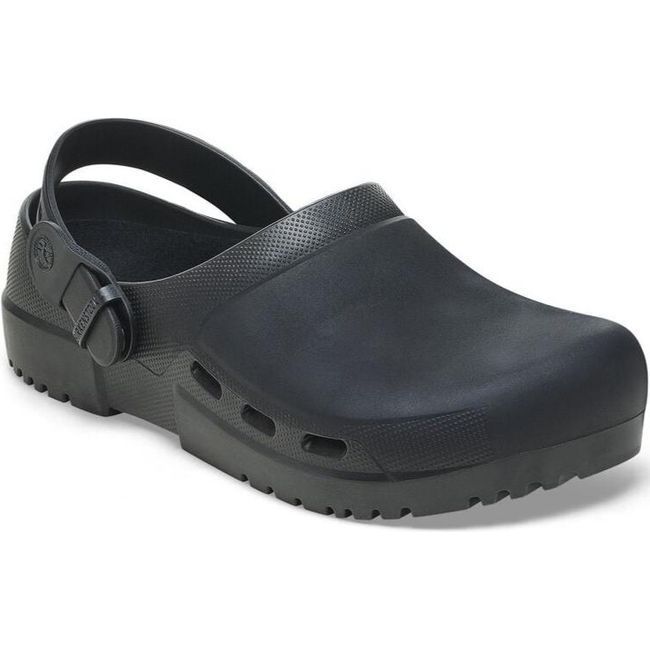 Angled view of the Jet black Birkenstock Unisex Birki Air 2.0 Professional Clog featuring a fluid-resistant design ideal for healthcare and utility. It includes side air vents for breathability, a PU sole that is oil- and grease-resistant, a convertible backstrap, and an adjustable detergent-friendly buckle.