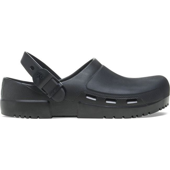 Side view of the Jet black Birkenstock Unisex Birki Air 2.0 Professional Clog featuring a fluid-resistant design ideal for healthcare and utility. It includes side air vents for breathability, a PU sole that is oil- and grease-resistant, a convertible backstrap, and an adjustable detergent-friendly buckle.