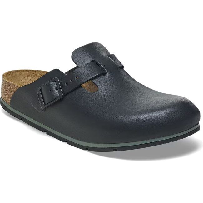 Front angled view of Birkenstock Unisex Boston Pro Clog in black leather