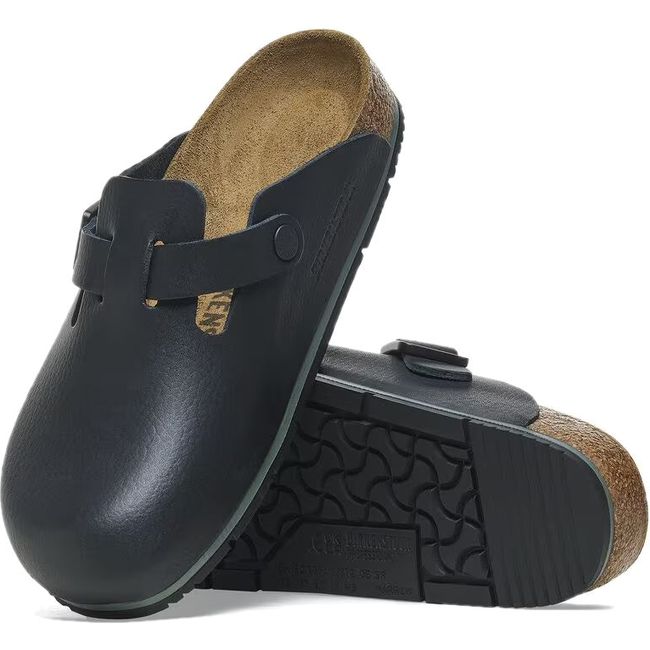 Pair of Birkenstock Unisex Boston Pro Clogs in black leather showing upper and black sole