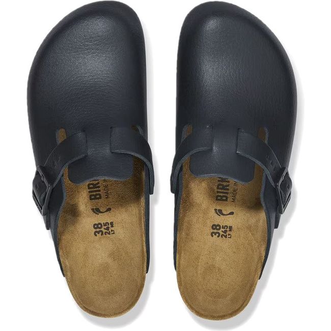 Top down view of Birkenstock Unisex Boston Pro Clogs in black leather with cork footbed