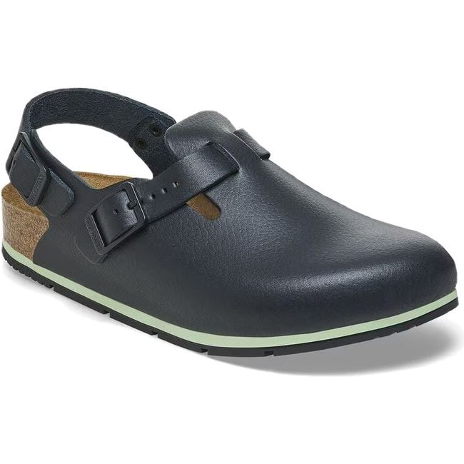 Front angled view of Birkenstock Unisex Tokio Pro Clog in black leather with backstrap