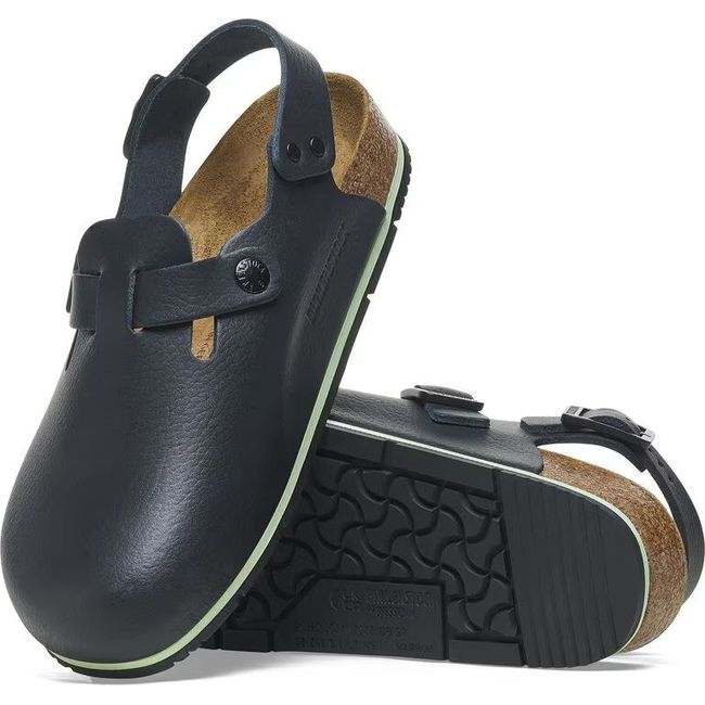 Pair of Birkenstock Unisex Tokio Pro Clogs in black leather showing upper and sole