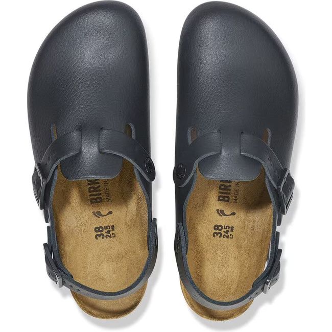 Top down view of Birkenstock Unisex Tokio Pro Clogs in black leather with backstraps