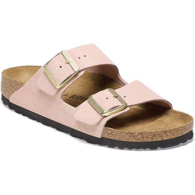 Front angled view of Birkenstock Women's Arizona Suede Sandal in light rose