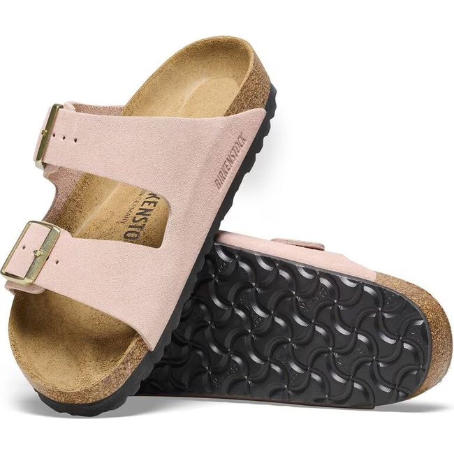 Upper and sole of Birkenstock Women's Arizona Suede Sandals in light rose