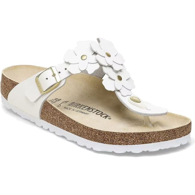 Front angled view of Birkenstock Women's Gizeh Flower Sandal in white leather