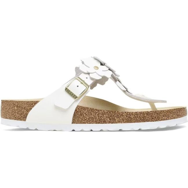 Lateral side of Birkenstock Women's Gizeh Flower Sandal in white leather