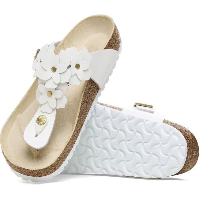 Upper and sole of Birkenstock Women's Gizeh Flower Sandals in white leather