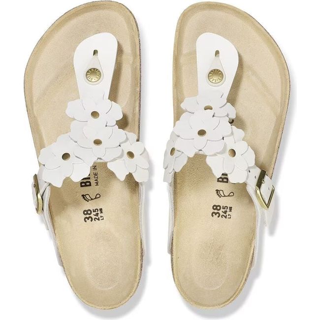 Top down view of Birkenstock Women's Gizeh Flower Sandals in white leather