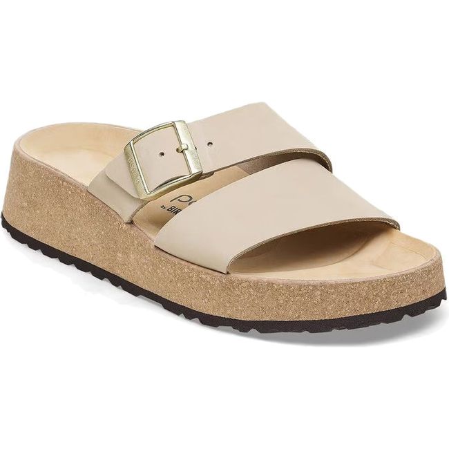 Front angled view of Birkenstock Women's Almina Nubuck Leather Narrow Sandal in sandcastle