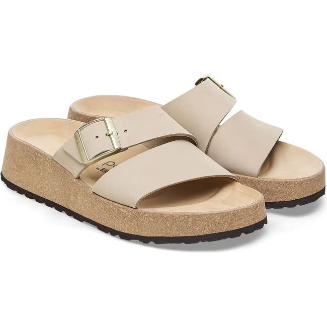 Pair of Birkenstock Women&#39;s Almina Nubuck Leather Narrow Sandals in sandcastle