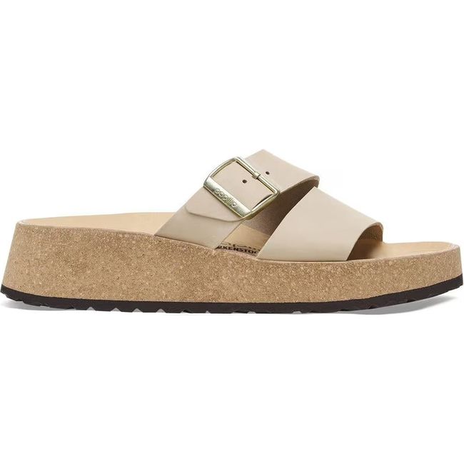 Lateral side of Birkenstock Women&#39;s Almina Nubuck Leather Narrow Sandal in sandcastle
