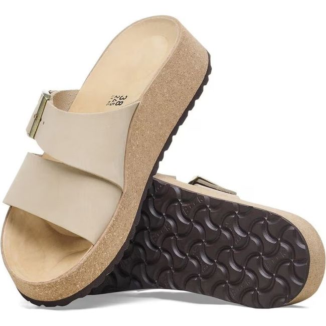 Upper and sole of Birkenstock Women&#39;s Almina Nubuck Leather Narrow Sandals in sandcastle