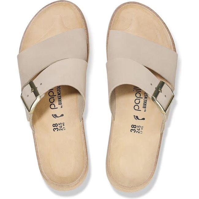 Top down view of Birkenstock Women&#39;s Almina Nubuck Leather Narrow Sandals in sandcastle