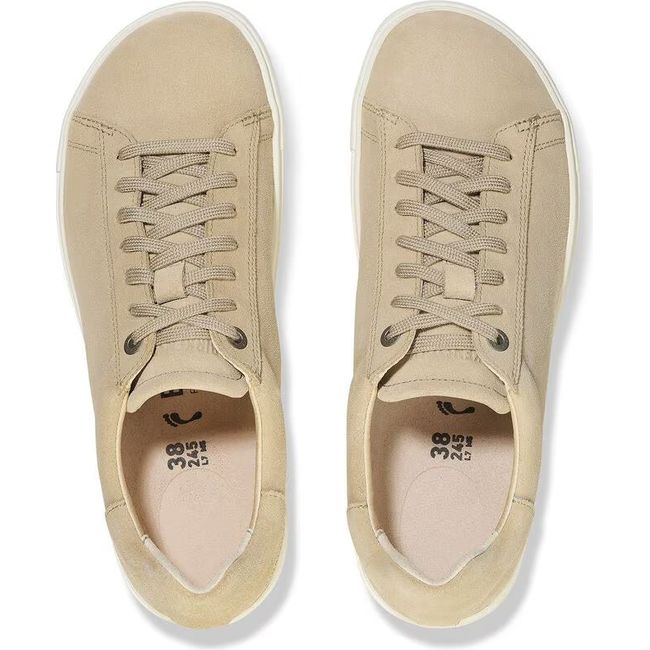 Top down view of Birkenstock Unisex Bend Shoes in Sandcastle beige and white