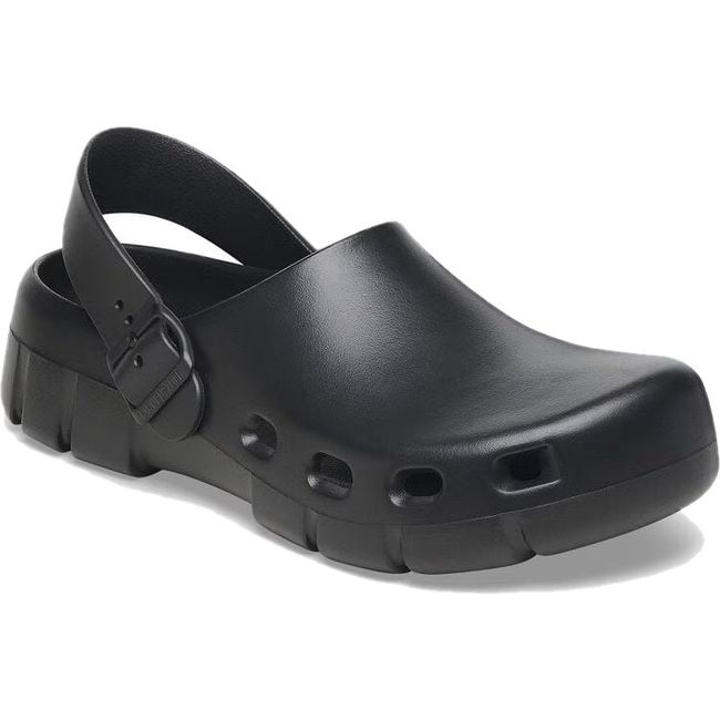 Front angled view of Unisex Birki Flow Birkenstock Recovery Clog in black with backstrap