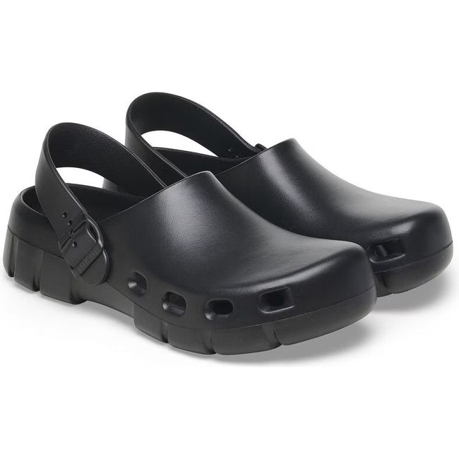 Pair of Unisex Birki Flow Birkenstock Recovery Clogs in black with backstraps