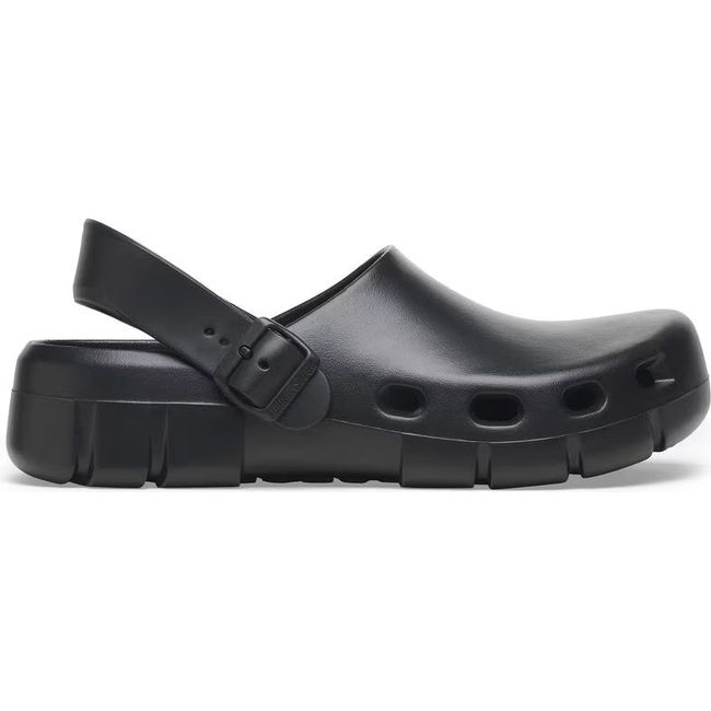 Lateral side of Unisex Birki Flow Birkenstock Recovery Clog in black with backstrap