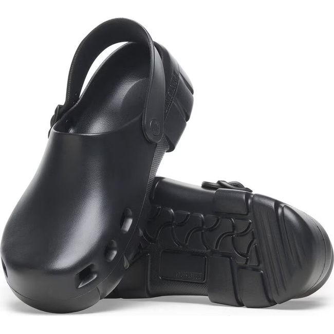 Pair of Unisex Birki Flow Birkenstock Recovery Clog in black showing upper and sole