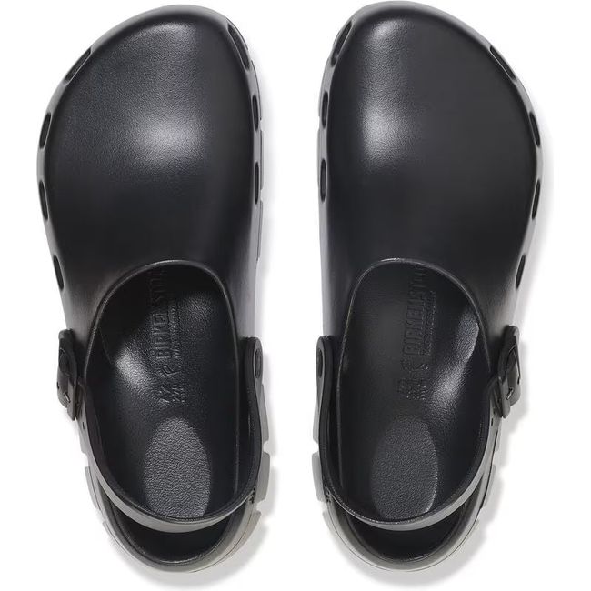 Top down view of Unisex Birki Flow Birkenstock Recovery Clogs in black with backstraps