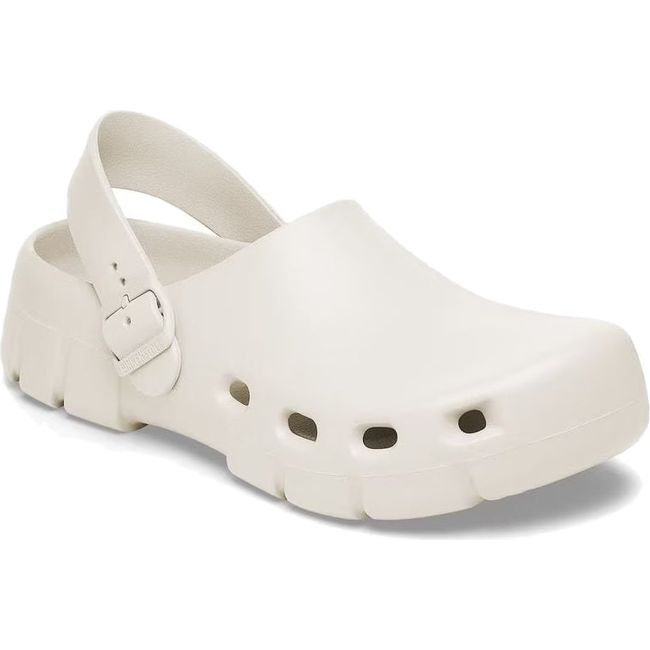 Front angled view of Unisex Birki Flow Birkenstock Recovery Clog in eggshell white with backstrap