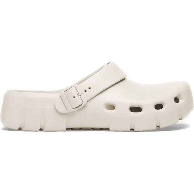 Medial side of Unisex Birki Flow Birkenstock Recovery Clog in eggshell white with backstrap moved up
