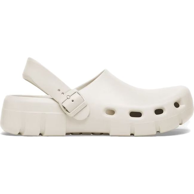 Lateral side of Unisex Birki Flow Birkenstock Recovery Clog in eggshell white with backstrap