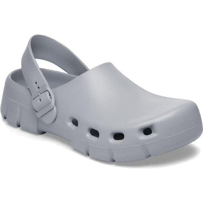 Front angled view of Unisex Birki Flow Birkenstock Recovery Clog in stone coin gray with backstrap
