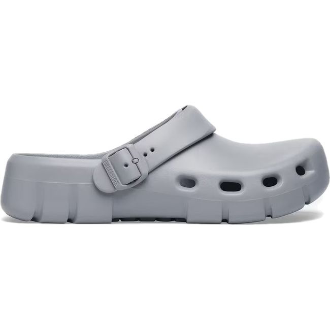 Lateral side of Unisex Birki Flow Birkenstock Recovery Clog in gray with backstrap moved up top
