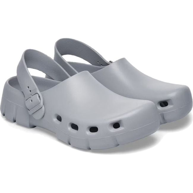Pair of Unisex Birki Flow Birkenstock Recovery Clogs in stone coin gray with backstraps