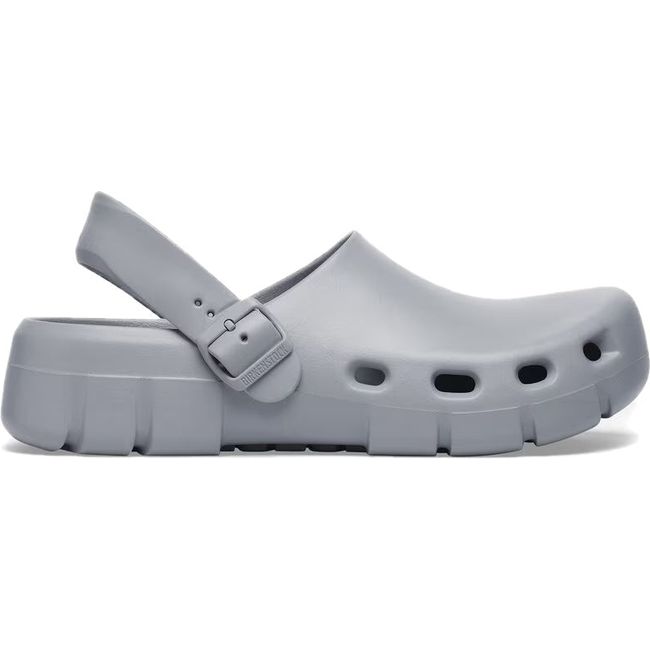 Lateral side of Unisex Birki Flow Birkenstock Recovery Clog in stone coin gray with backstrap