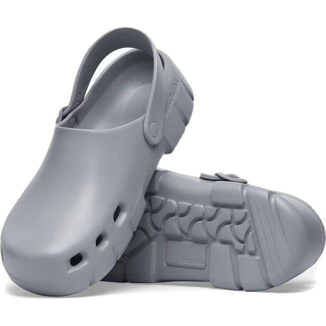 Pair of Unisex Birki Flow Birkenstock Recovery Clog in stone coin gray showing upper and sole