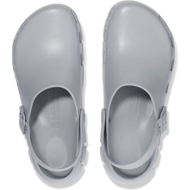 Top down view of Unisex Birki Flow Birkenstock Recovery Clogs in stone coin gray with backstraps