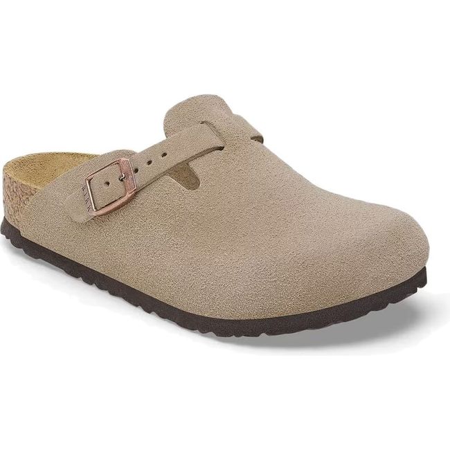 Front angled view of Birkenstock Kids' Boston Narrow Clog in taupe suede