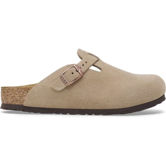 Lateral view of Birkenstock Kids&#39; Boston Narrow Clog in taupe suede