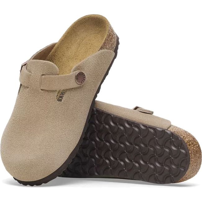 Pair of Birkenstock Kids&#39; Boston Narrow Clog in taupe suede showing upper and brown sole