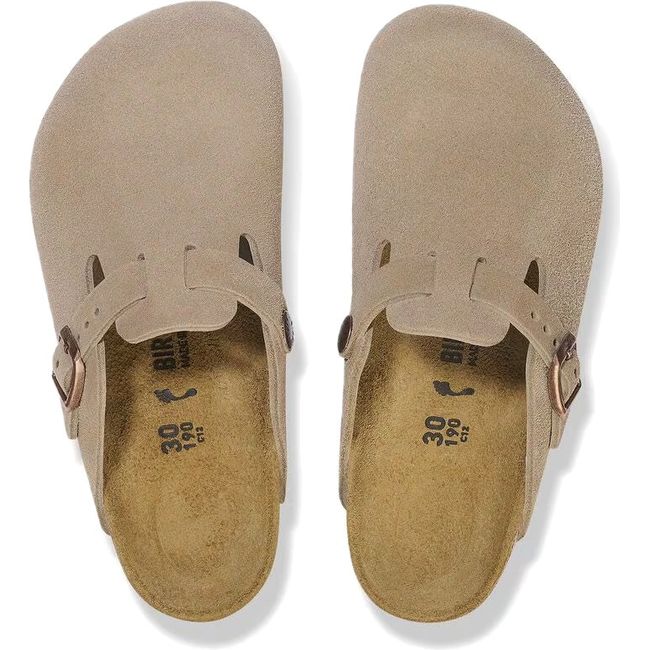 Top down view of Birkenstock Kids&#39; Boston Narrow Clog in taupe suede with cork footbed