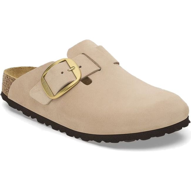 Front angled view of Birkenstock Women's Boston Big Buckle Narrow Clog in sandcastle nubuck 
