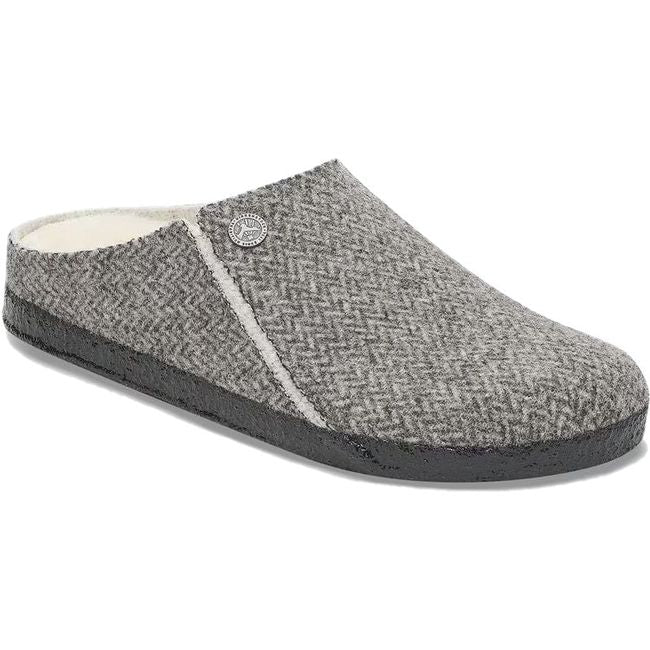 Front angled view of Womens Birkenstock Zermatt Shearling Narrow Slipper in Herringbone Gray