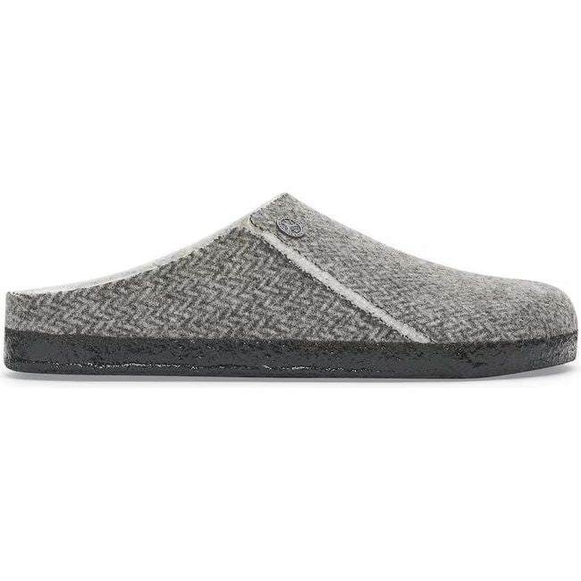 Lateral side of Womens Birkenstock Zermatt Shearling Narrow Slipper in Herringbone Gray