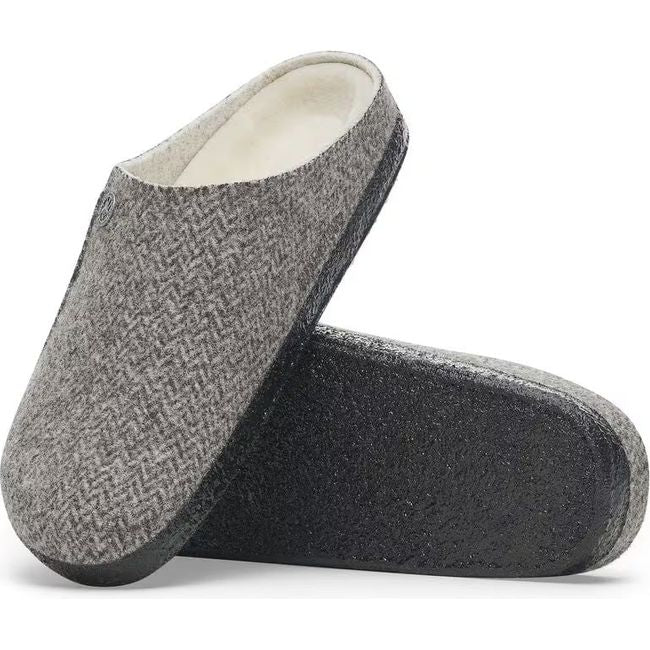 Upper and sole of Womens Birkenstock Zermatt Shearling Narrow Slippers in Herringbone Gray
