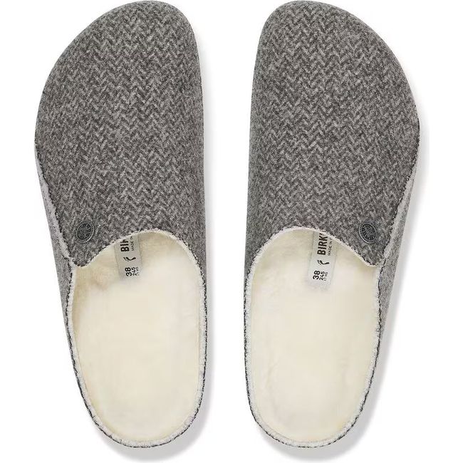Top down view of Womens Birkenstock Zermatt Shearling Narrow Slippers in Herringbone Gray