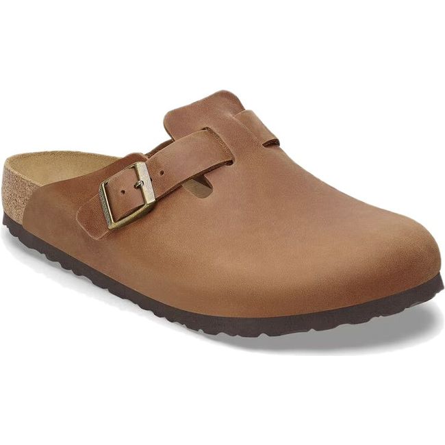 Front angled view of Birkenstock Men's Boston Oiled Leather Clog in Cognac brown