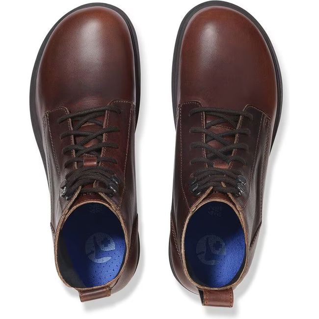 Top-down view of chocolate brown leather Birkenstock Highwood mid boots with lace up enclosure