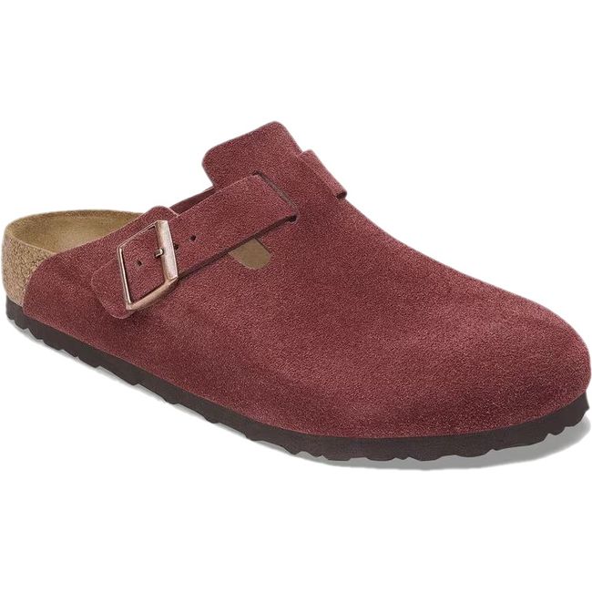 Front angled view of Birkenstock Boston unisex suede clog in Zinfandel red