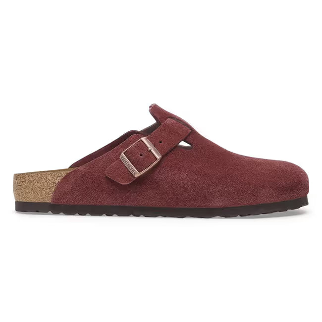 Lateral side of Birkenstock Boston unisex suede clog in Zinfandel red