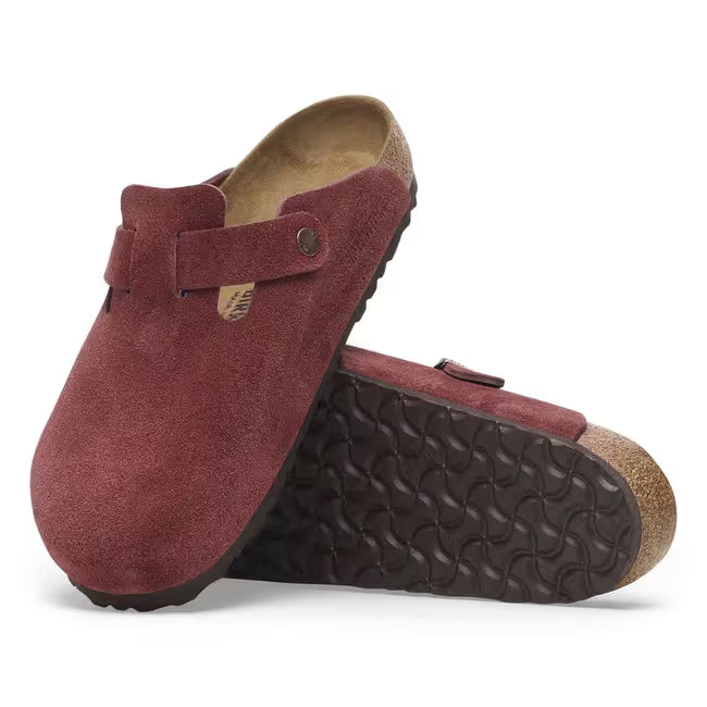 Upper and sole of Birkenstock Boston unisex suede clog in Zinfandel red