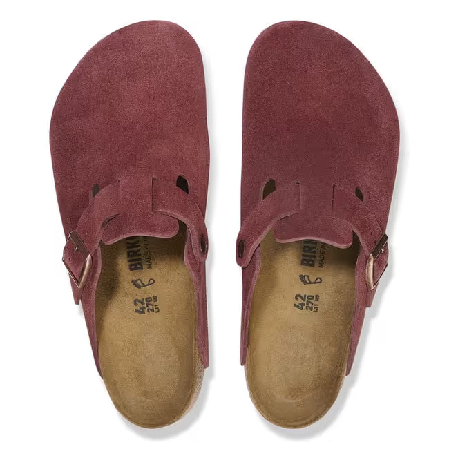 Upper of Birkenstock Boston unisex suede clogs in Zinfandel red