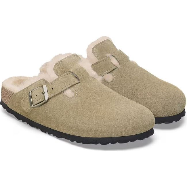 Pair of Tan Suede Birkenstock Clog with Shearling Lining